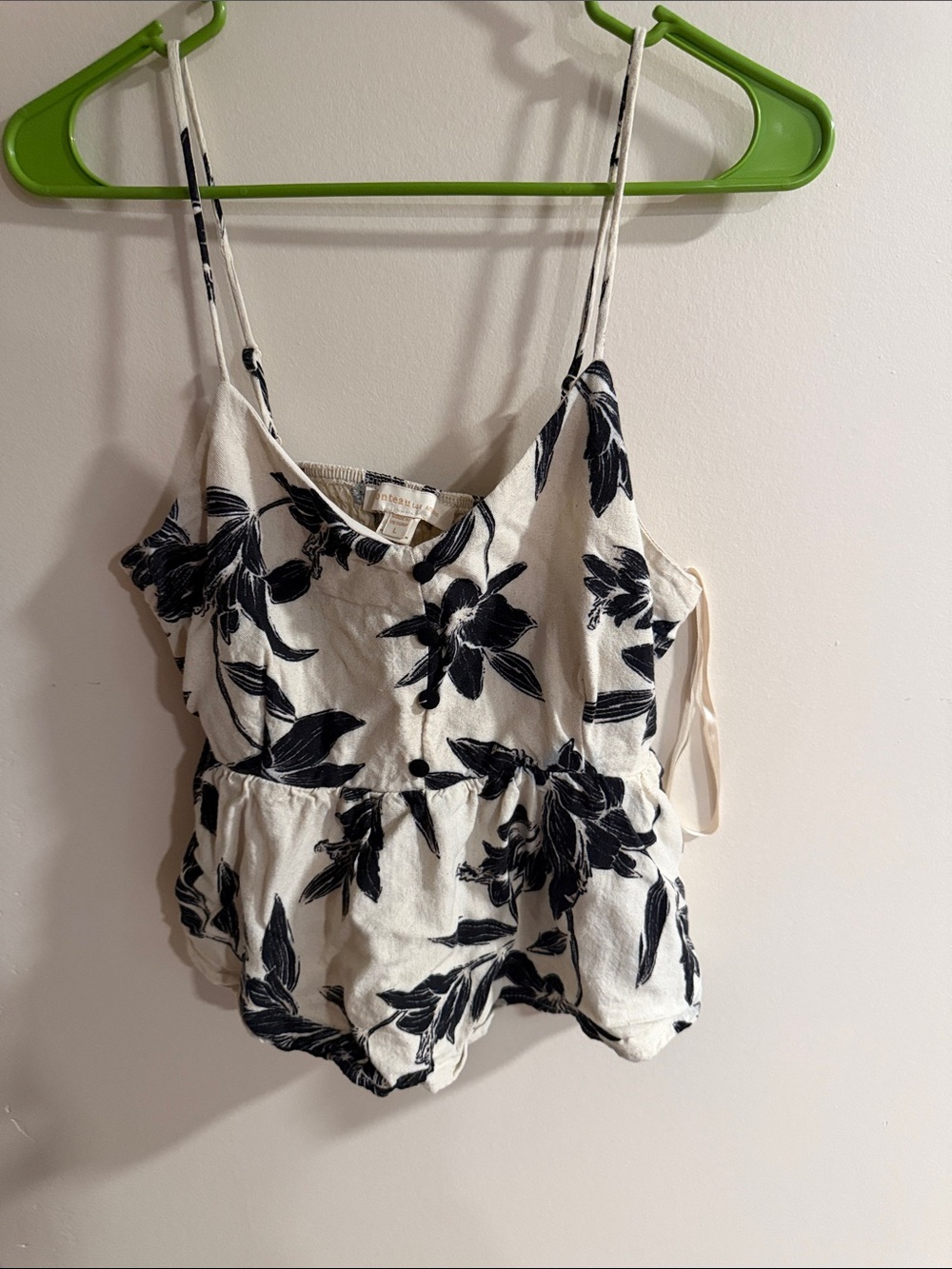 Monteau White Spaghetti Strap Peplum Top with Black Floral Print